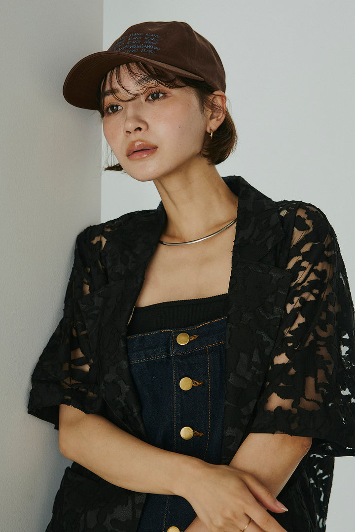 [SET]シアージャガードハーフスリーブテーラードジャケット+配色ショルダーデニムサロペットスカート(2set)