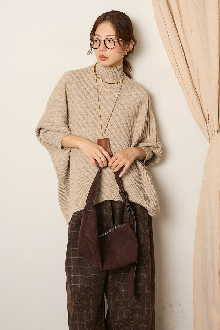 [SET]アシメデザインリブポンチョニットトップス+ウールライクチェックタックパンツ(2set)