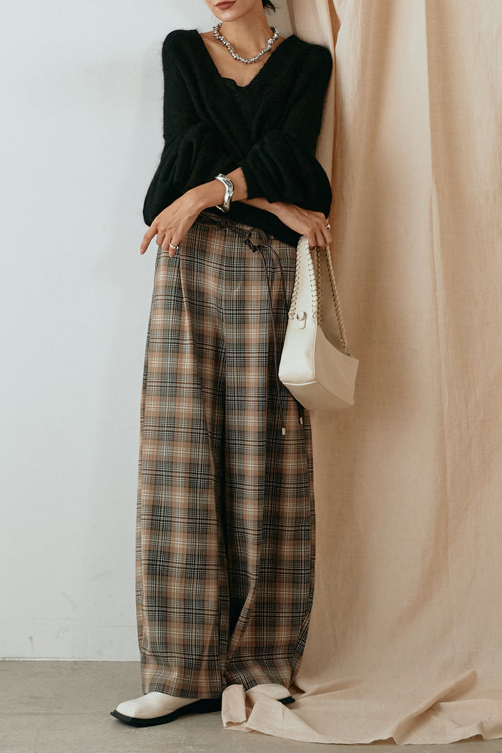 [SET]カシュクールデザインニット+編みベルト付きタータンチェックワイドパンツ(2set)