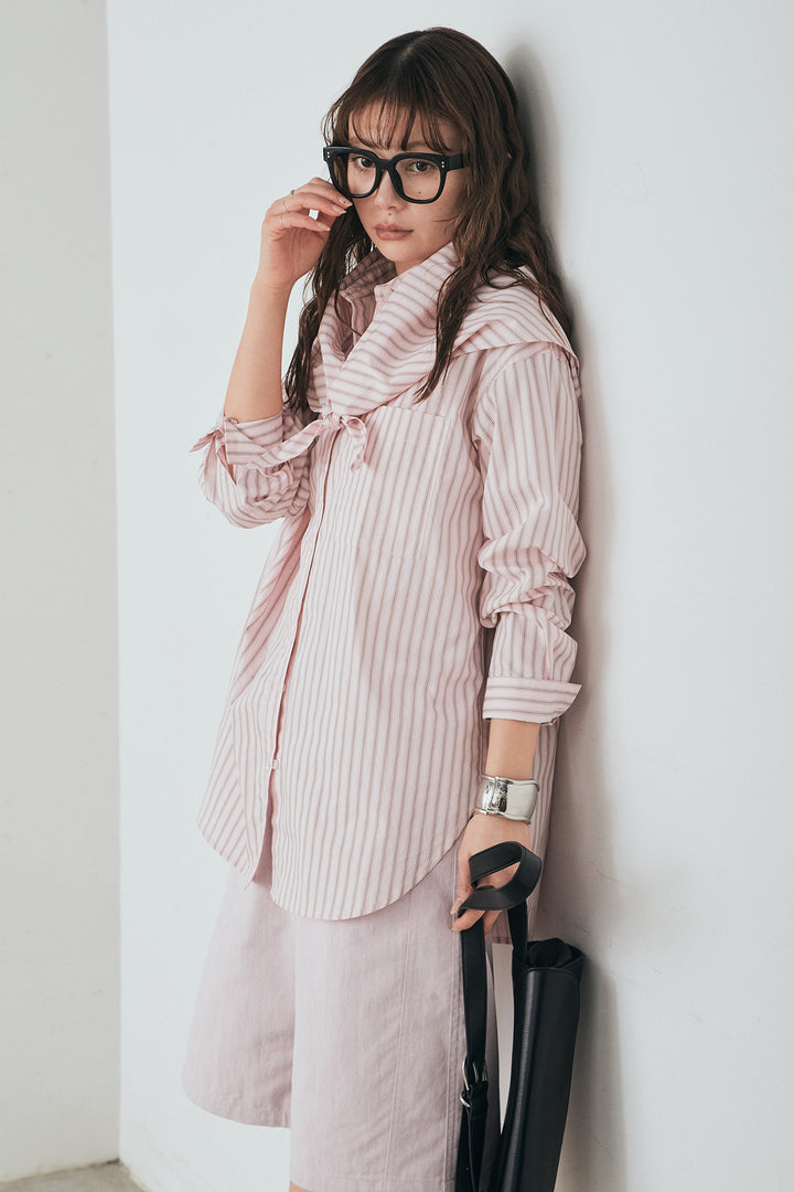 [SET]ランダムストライプスカーフ付きシャツ+デニムハーフパンツ(2set)