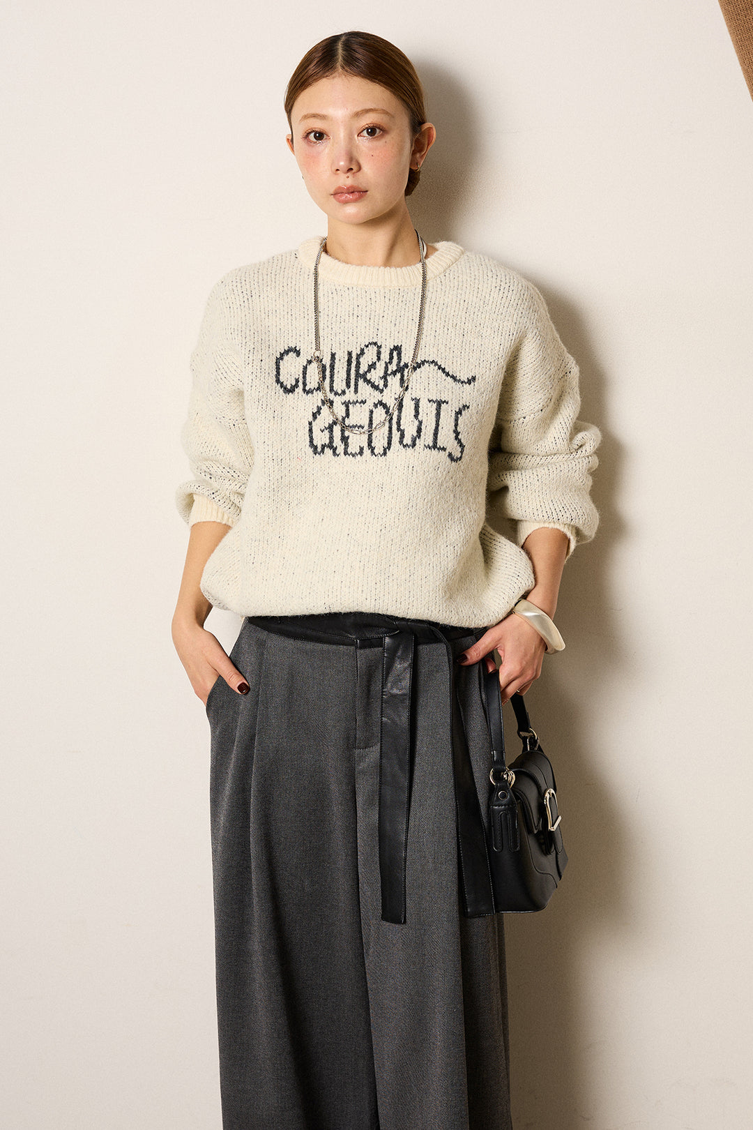 [SET]ロゴシャギーニットプルオーバー+巻ベルトウエストレザーライクワイドパンツ(2set)