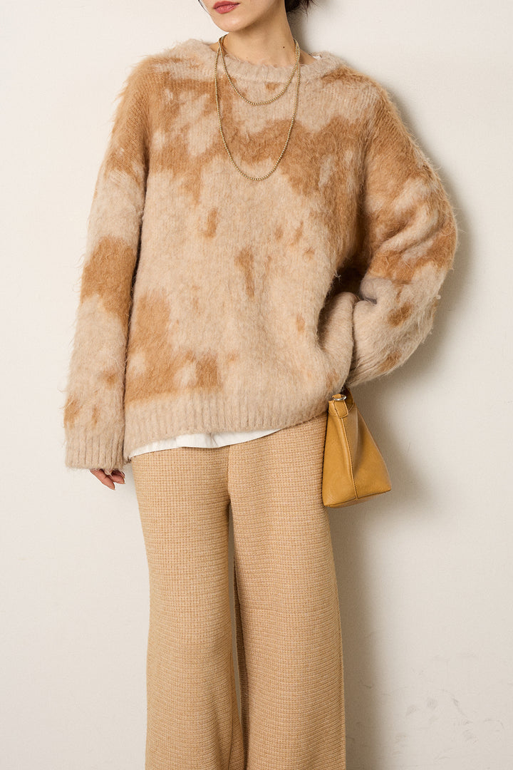 [SET]モヘアタッチマーブルニット+ワイドリブニットイージーパンツ(2set)