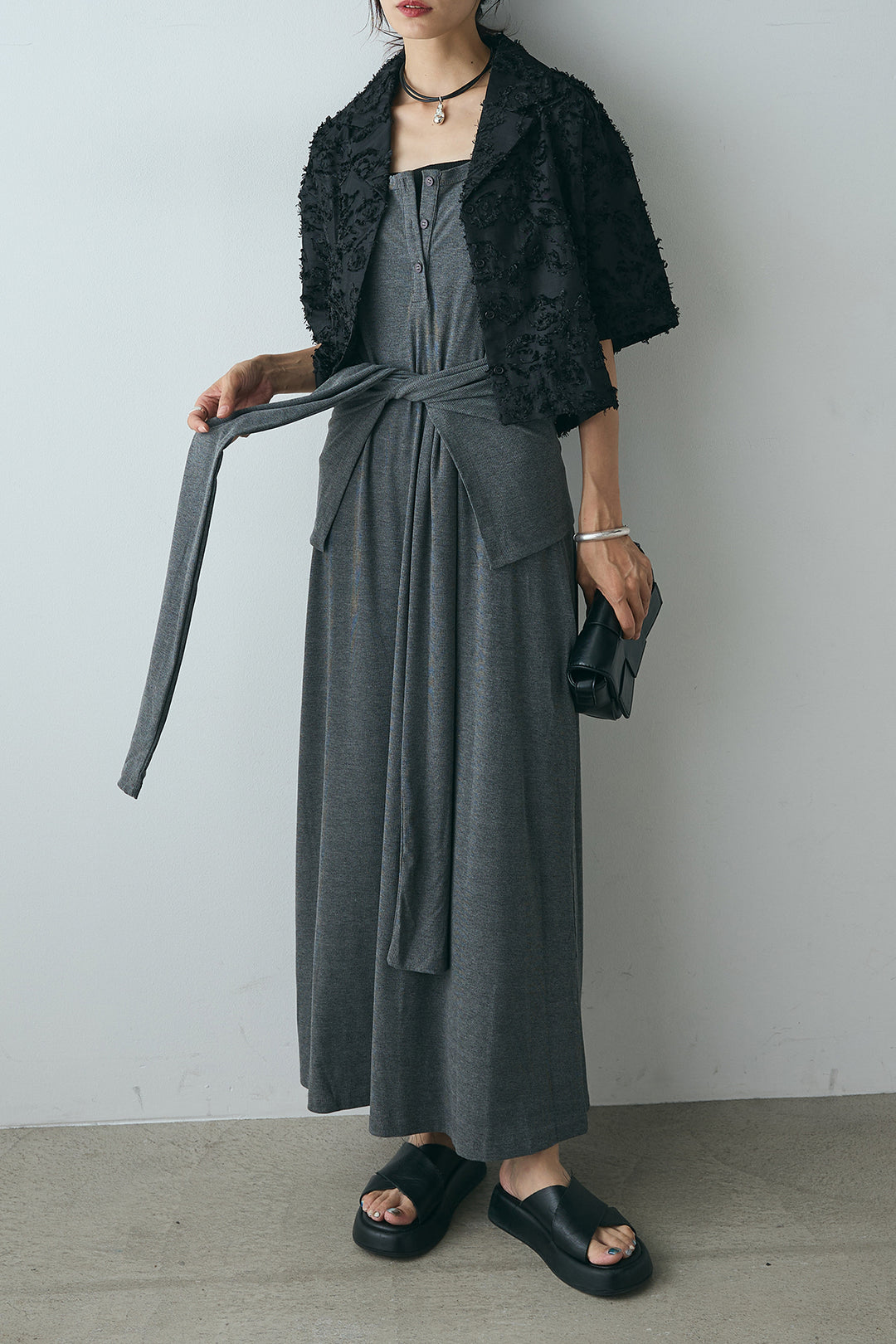 [SET]半袖オープンカラージャガード柄シャツ+ウエスト巻きリブロングワンピース(2set)