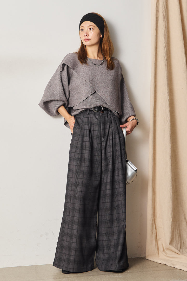 [SET]タンク付きクロスデザインニットプルオーバー+タック入りタータンチェックワイドパンツ(2set)