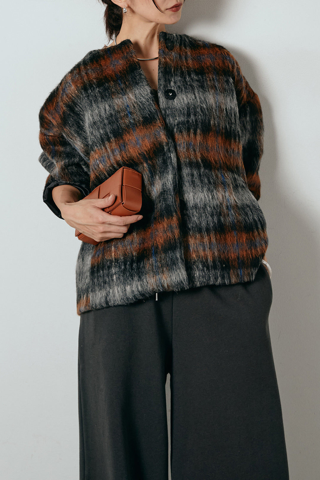 [SET]ノーカラーシャギーチェックアウター+裏起毛スウェットワイドパンツ(2set)