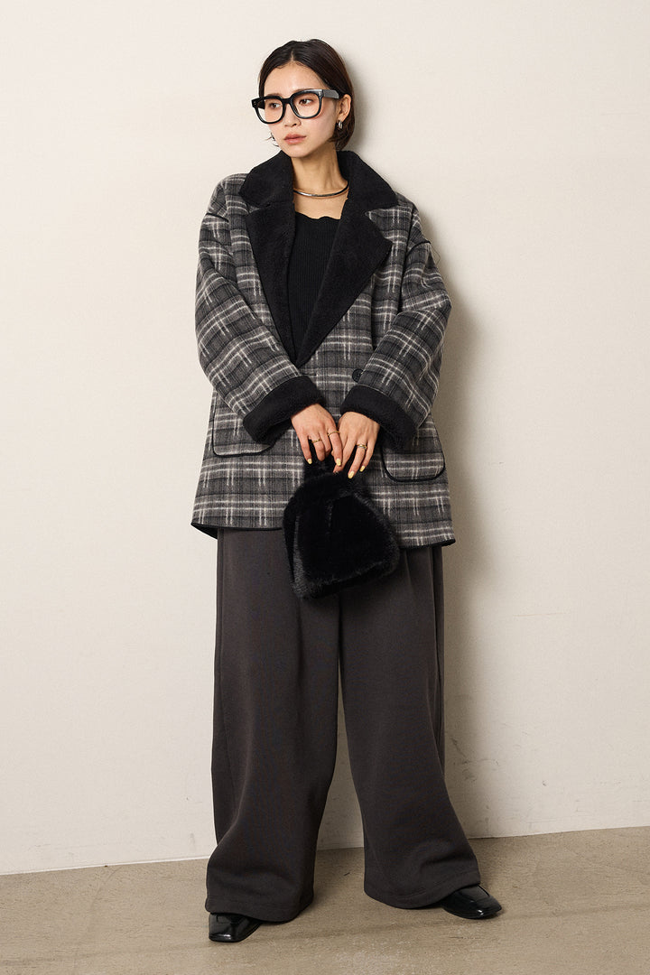 [SET]裏地ボアタータンチェック柄ミディアムコート+裏起毛スウェットワイドパンツ(2set)