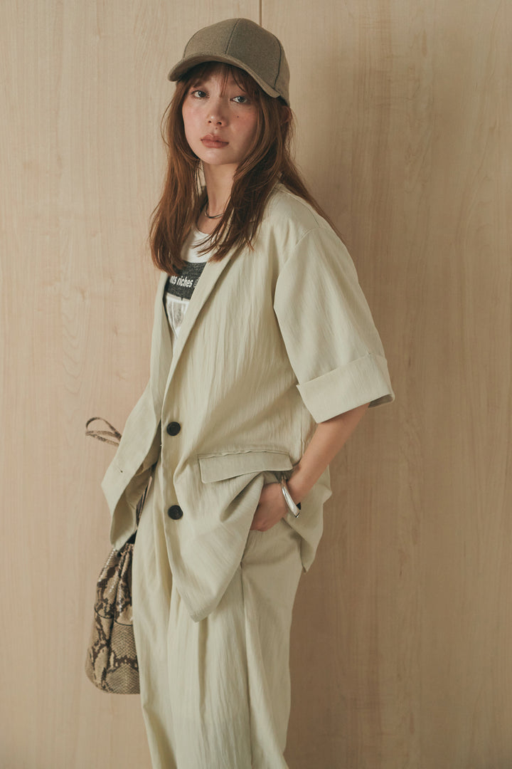 [SET]半袖モノトーングラフィックトップス+リネンライク2タックワイドパンツ(2set)