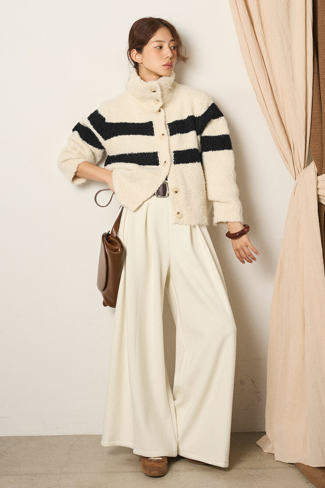 [SET]ハイネックボーダーニットカーディガン+フェイクレザー太ベルト付きタックワイドパンツ(2set)