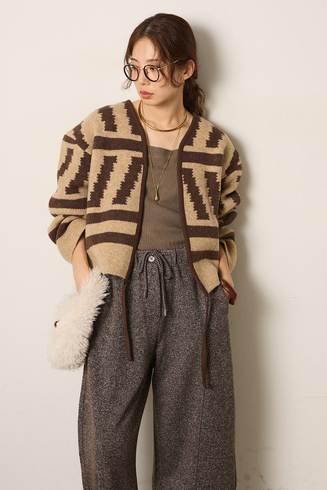 [SET]幾何学柄ノーカラーカーディガン+杢ニットフレアパンツ(2set)