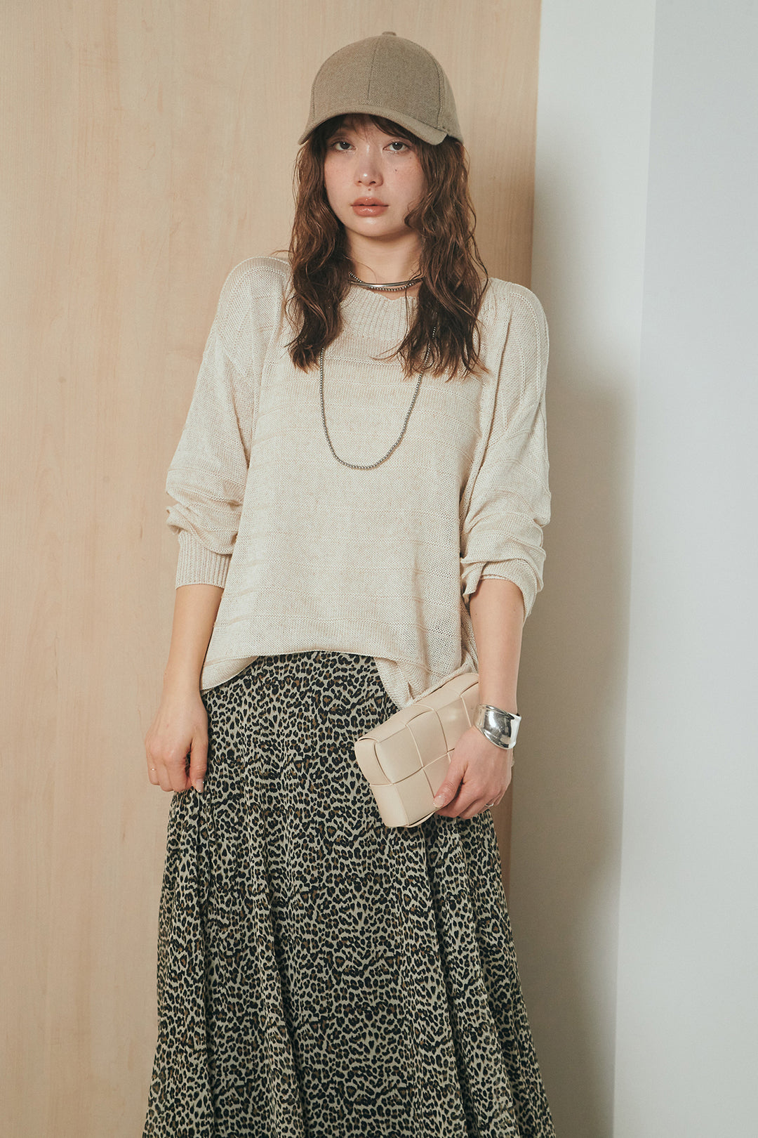 [SET]麻混リラックスニットトップス+リラックスレオパードロングスカート(2set)