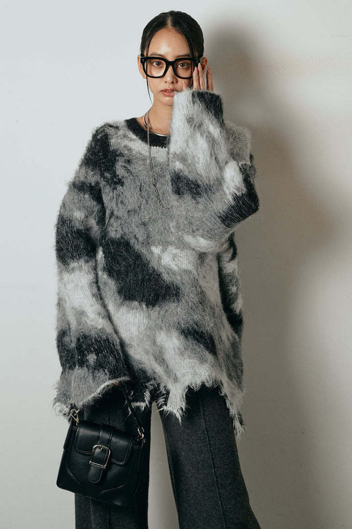 [SET]起毛裾デザインニュアンス柄ニットトップス+センターラインニットパンツ(2set)