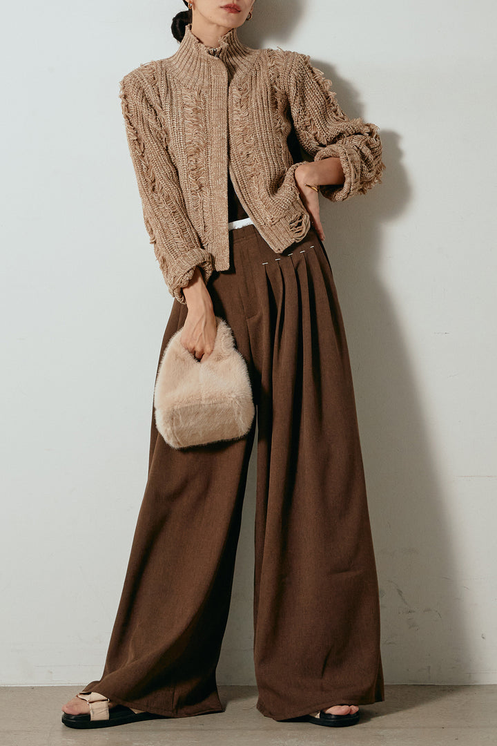 [SET]ハイネックフリンジジップニットトップス+ウエストステッチデザインワイドスラックス(2set)