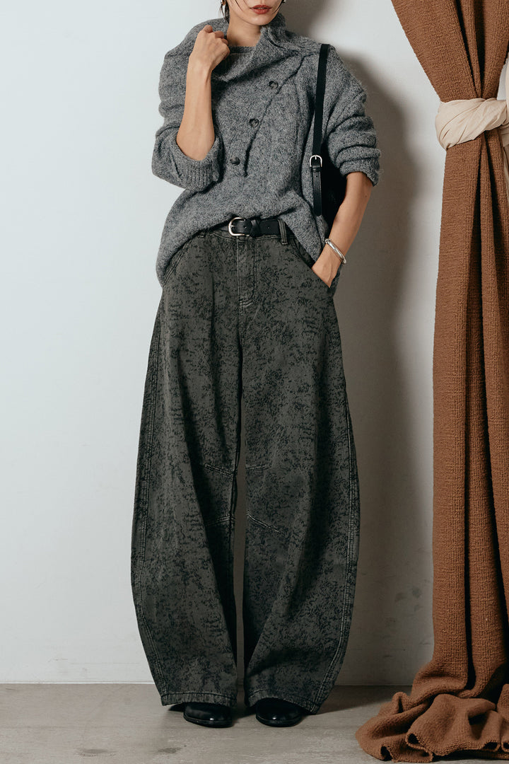 [SET]ケープデザインケーブルニットトップス+ベルト付きニュアンス柄カーブワイドパンツ(2set)
