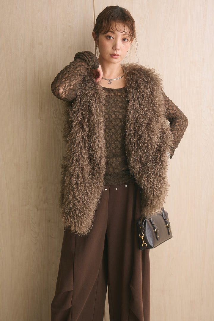 [SET]ロングシャギーファーベスト+スタッズ付きニーサイドタックスウェットパンツ(2set)