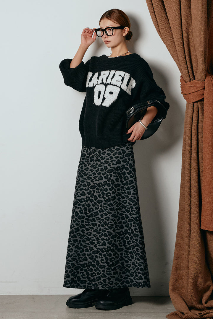 [SET]ロゴジャガードニットトップス+レオパードロングスカート(2set)
