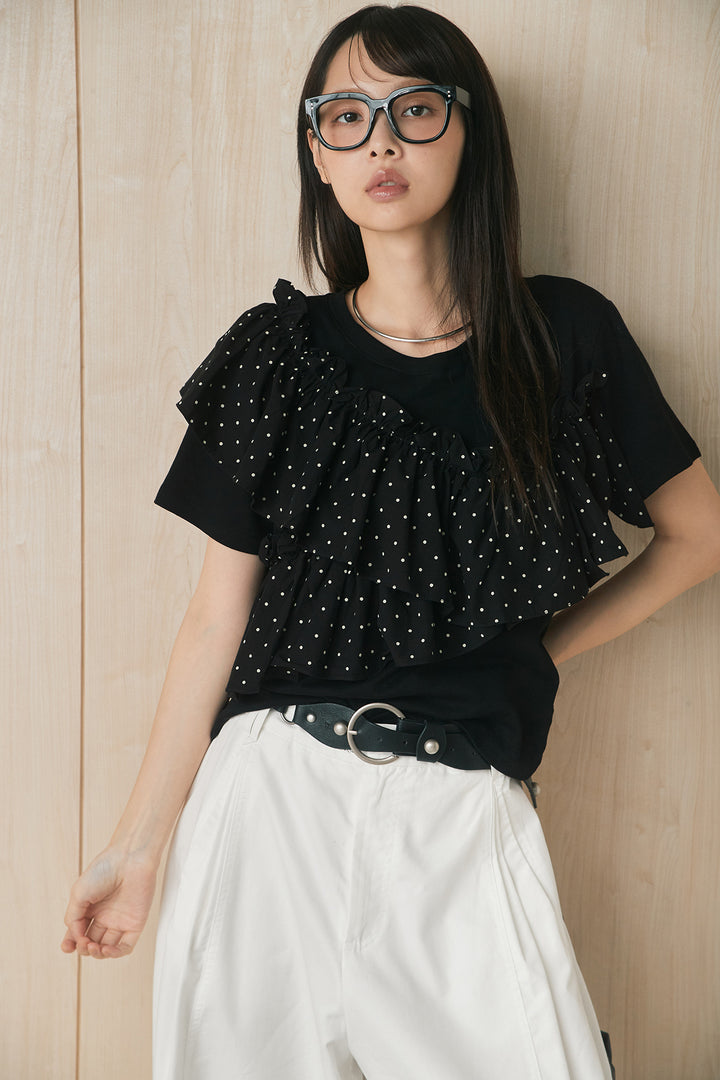 [SET]ドットアシメフリルデザインTシャツ+サークルバックルベルト付きタックワイドパンツ(2set)