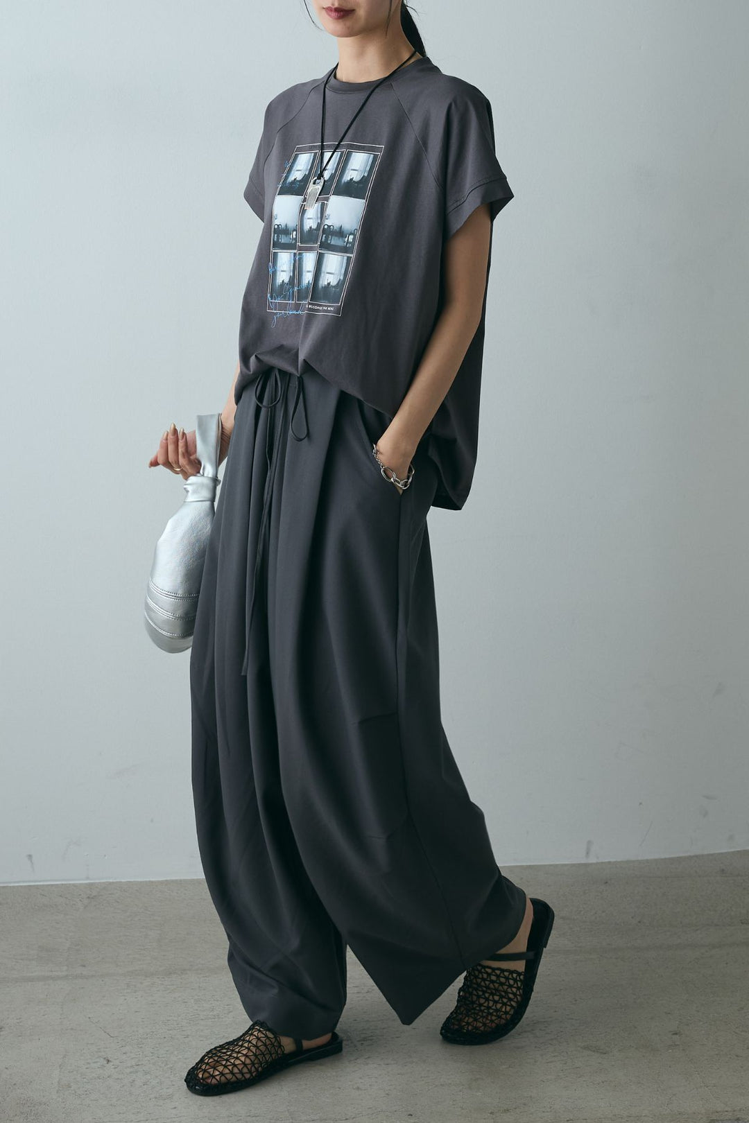 [SET]フォトプリントラグランTシャツ+ランダムタック入りワイドパンツ(2set)