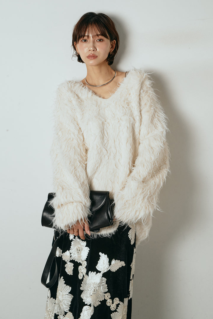 [SET]深Vネックシャギーニットトップス+フラワー刺繍ワイドスカート(2set)