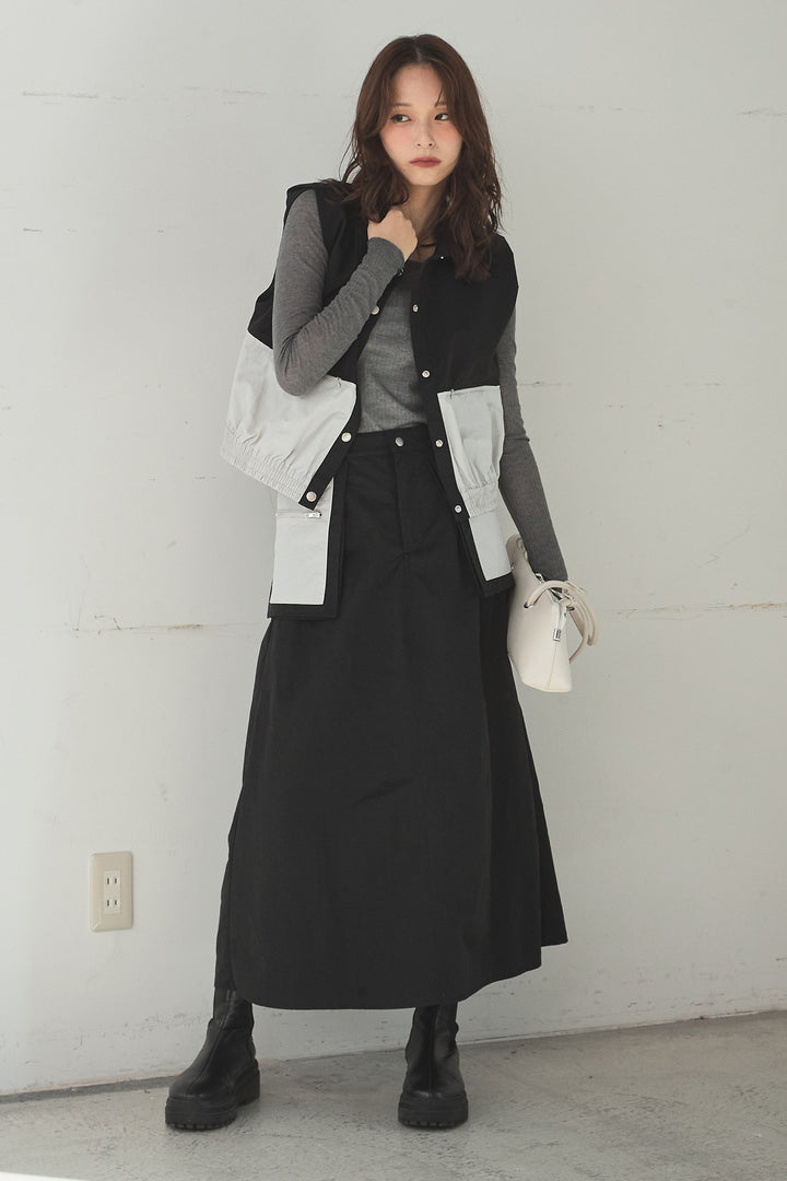 [SET]襟付きナイロンベスト+サイドデザインナイロンスカート+リブシアークルーネック長袖トップス(3set)