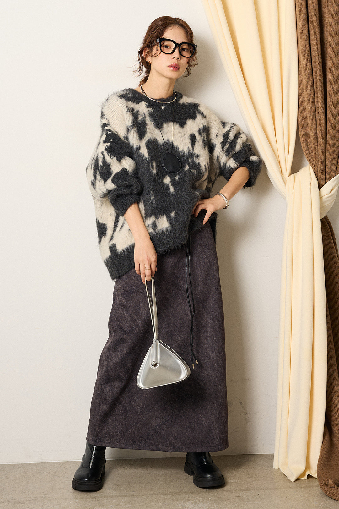 [SET]モヘアタッチマーブルニット+ロープベルト付きスウェード調スカート(2set)