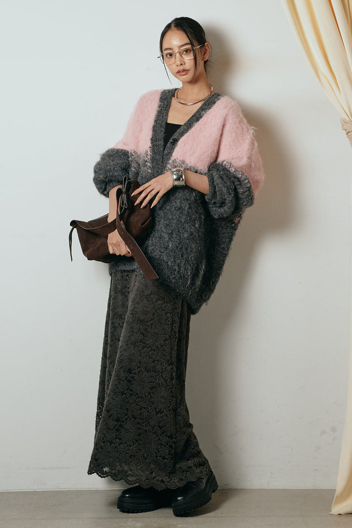 [SET]起毛グラデーションニットカーディガン+花柄刺繍ベロアフレアスカート(2set)