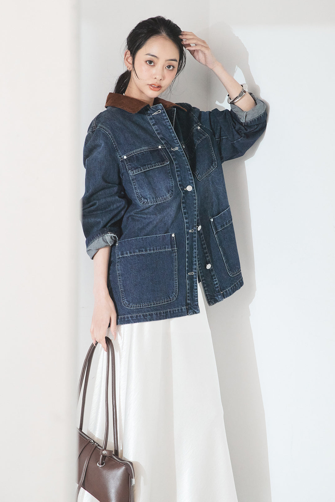 [SET]襟コーデュロイデニムカバーオール+裾レースデザインサテンスカート(2set)