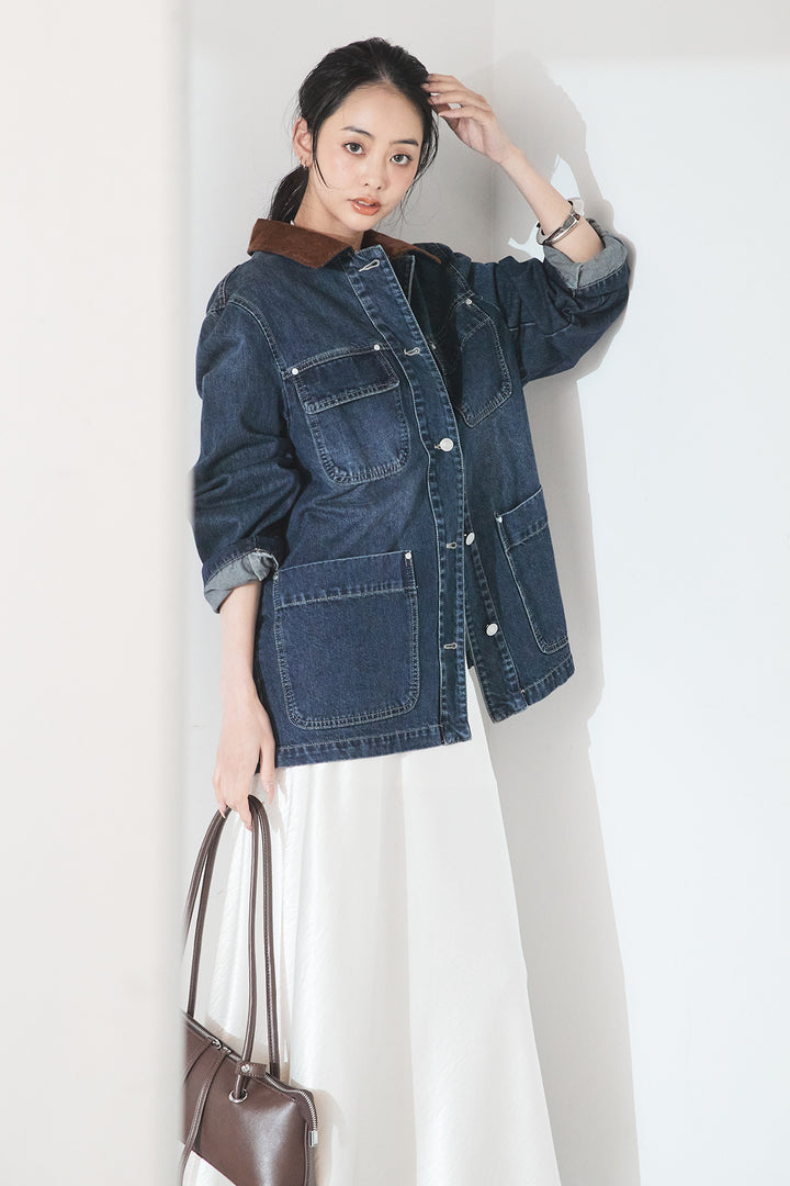 [SET]襟コーデュロイデニムカバーオール+裾レースデザインサテンスカート(2set)