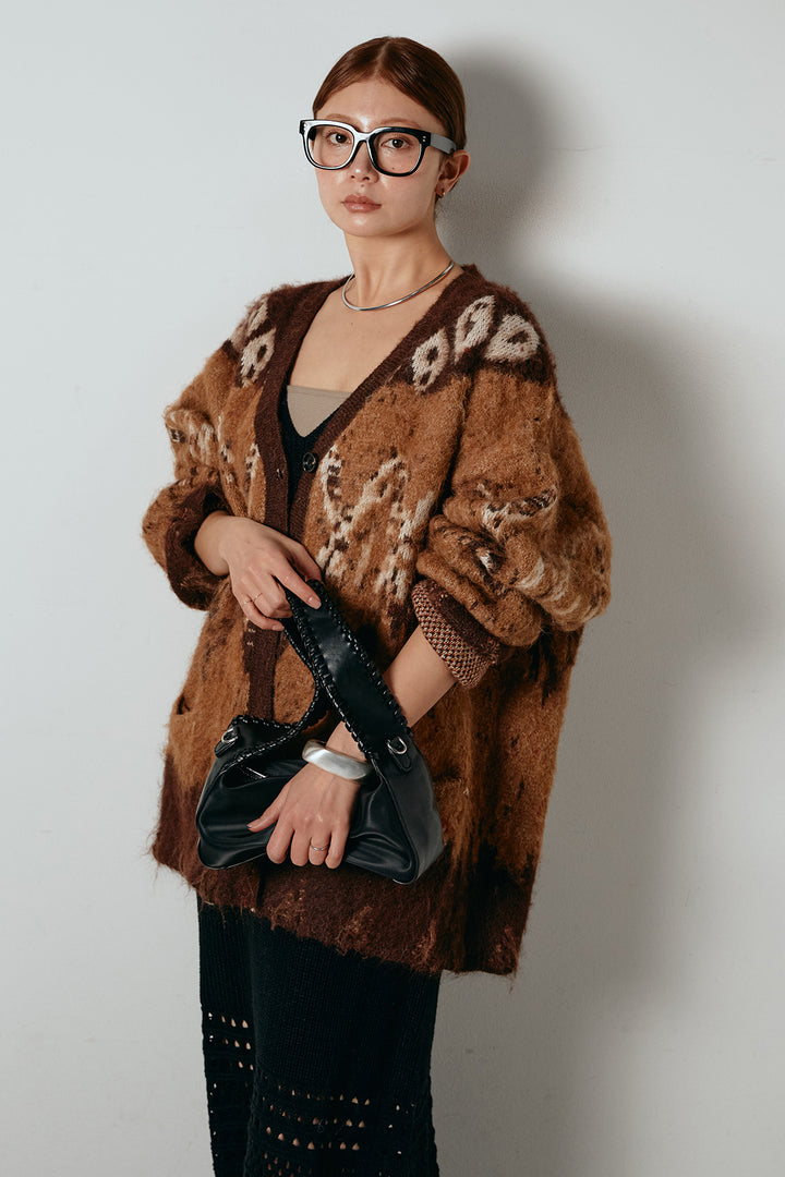 [SET]シャギーニュアンス柄ニットカーディガン+裾透かし編みキャミソールニットワンピース(2set)