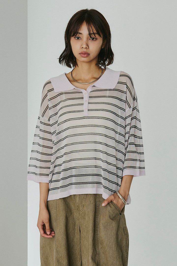 [SET]ボーダーニットポロシャツ+ニーサイドタックウエストドロスパンツ(2set)