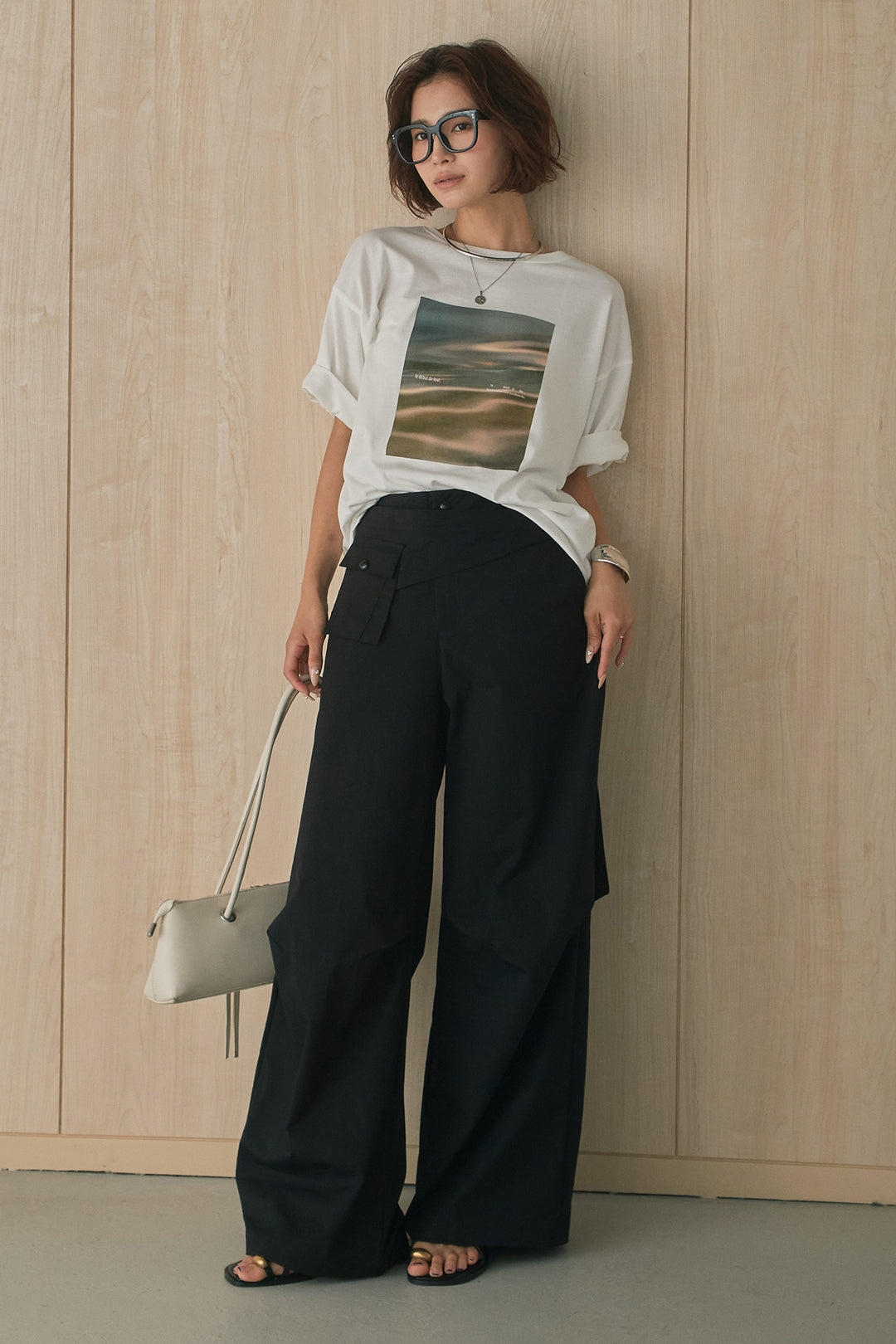 [SET]MarbleプリントTシャツ+ポケットベルト付きニーサイドタックパンツ(2set)