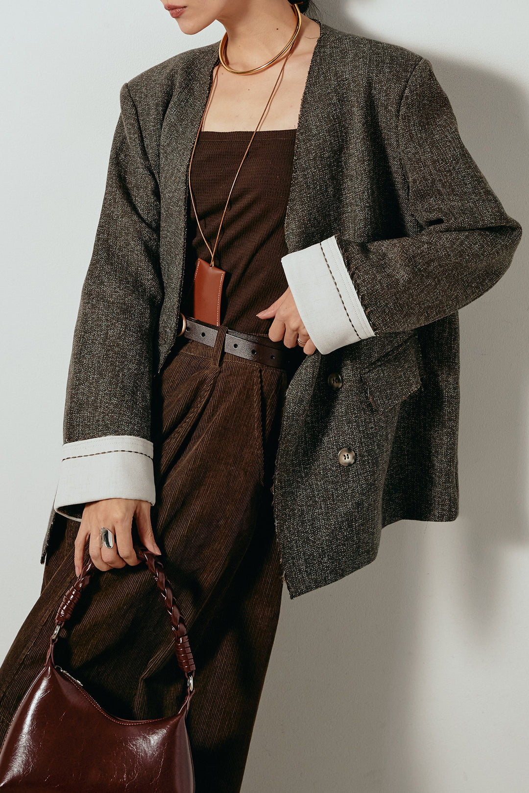 [SET]ノーカラーダブルボタンツイードジャケット+タック入りコーデュロイワイドパンツ(2set)