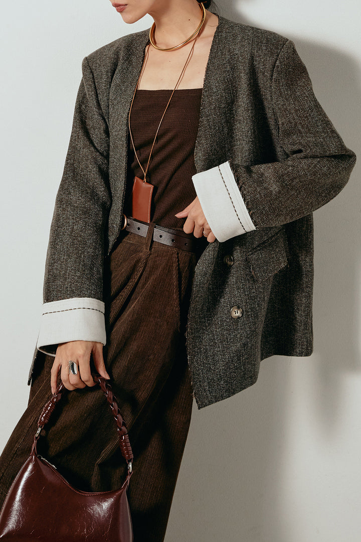 [SET]ノーカラーダブルボタンツイードジャケット+タック入りコーデュロイワイドパンツ(2set)