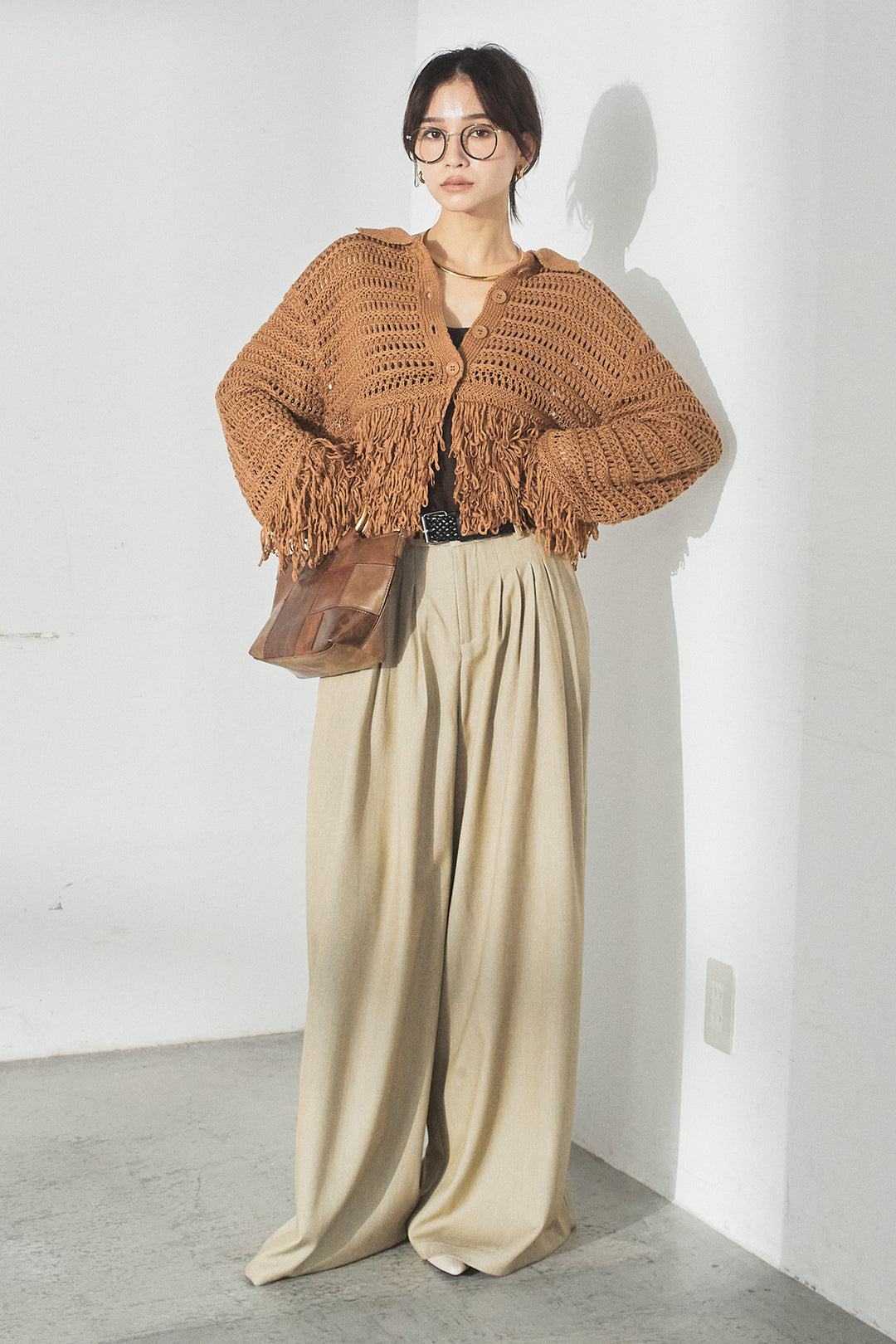 [SET]メッシュフリンジカーディガン+編みベルト付きウエストタックワイドパンツ(2set)