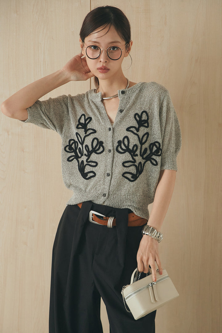 [SET]フロントテープデザイン半袖カーディガン+ベルトループデザインハイウエストタックパンツ(2set)