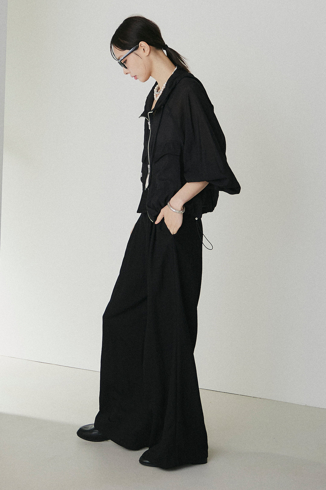 [SET]裾ドロストシアーWジップフーディーブルゾン+ウエスト折り返しワイドパンツ(2set)
