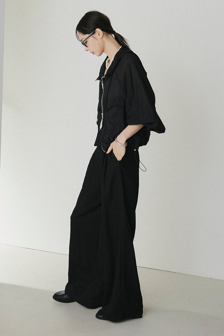 [SET]裾ドロストシアーWジップフーディーブルゾン+ウエスト折り返しワイドパンツ(2set)