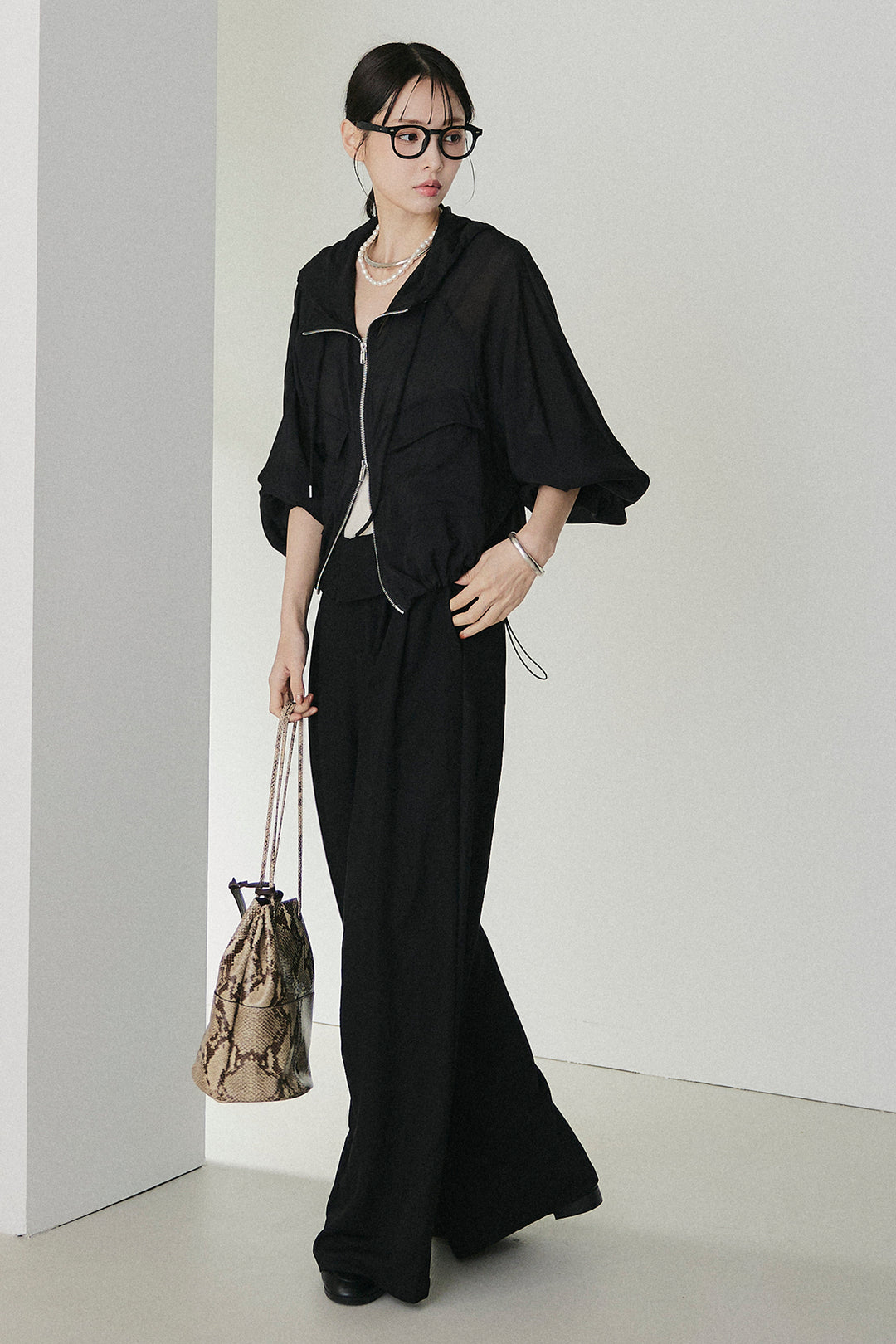 [SET]裾ドロストシアーWジップフーディーブルゾン+ウエスト折り返しワイドパンツ(2set)