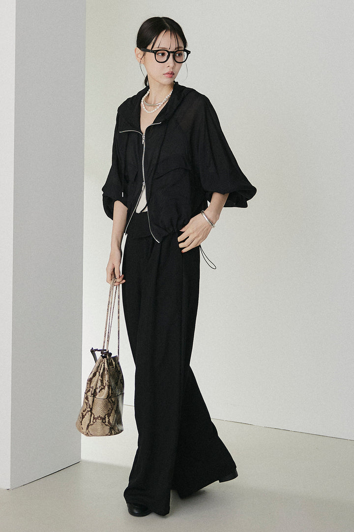 [SET]裾ドロストシアーWジップフーディーブルゾン+ウエスト折り返しワイドパンツ(2set)