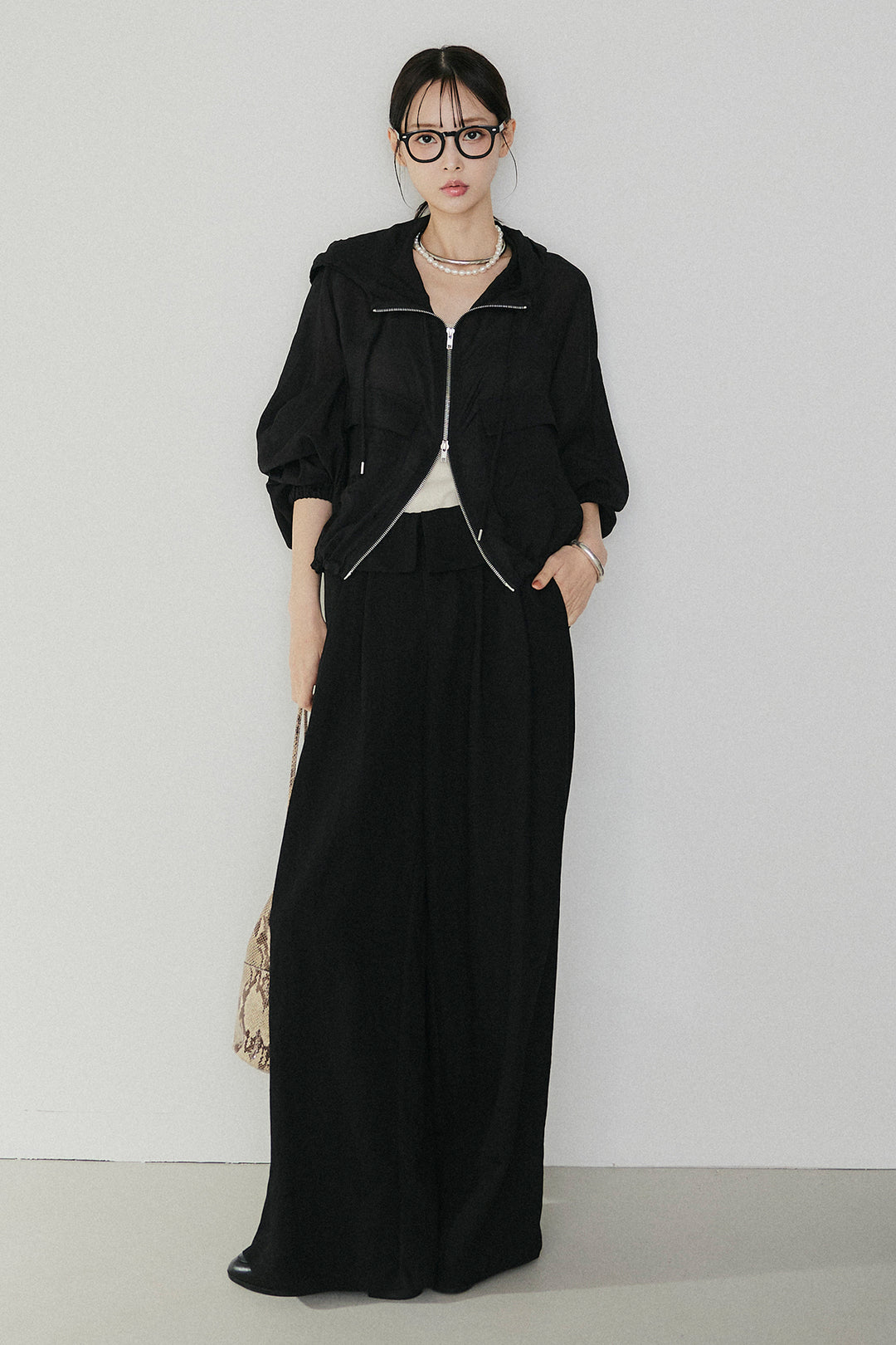 [SET]裾ドロストシアーWジップフーディーブルゾン+ウエスト折り返しワイドパンツ(2set)