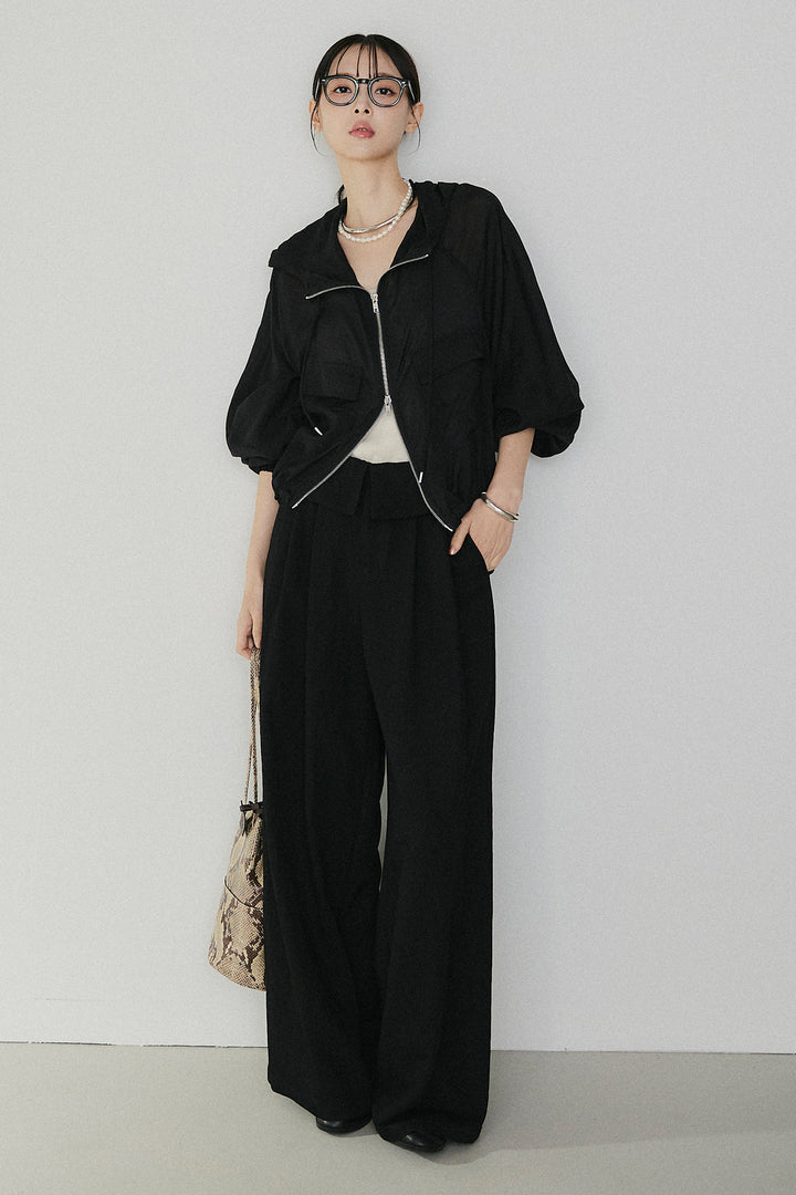 [SET]裾ドロストシアーWジップフーディーブルゾン+ウエスト折り返しワイドパンツ(2set)