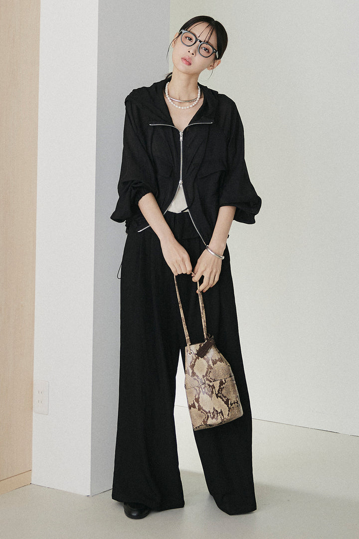 [SET]裾ドロストシアーWジップフーディーブルゾン+ウエスト折り返しワイドパンツ(2set)