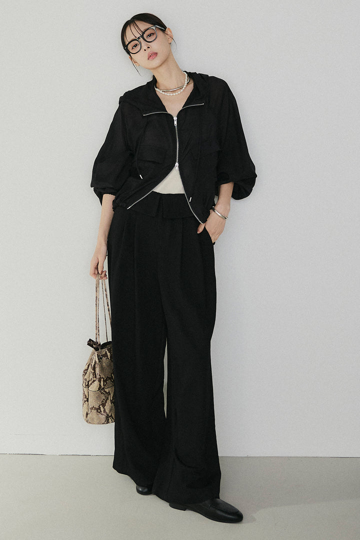 [SET]裾ドロストシアーWジップフーディーブルゾン+ウエスト折り返しワイドパンツ(2set)