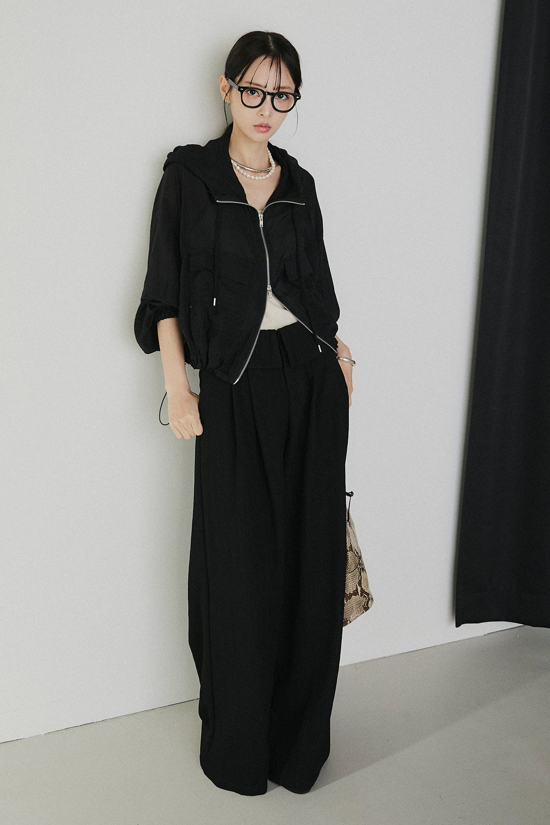 [SET]裾ドロストシアーWジップフーディーブルゾン+ウエスト折り返しワイドパンツ(2set)