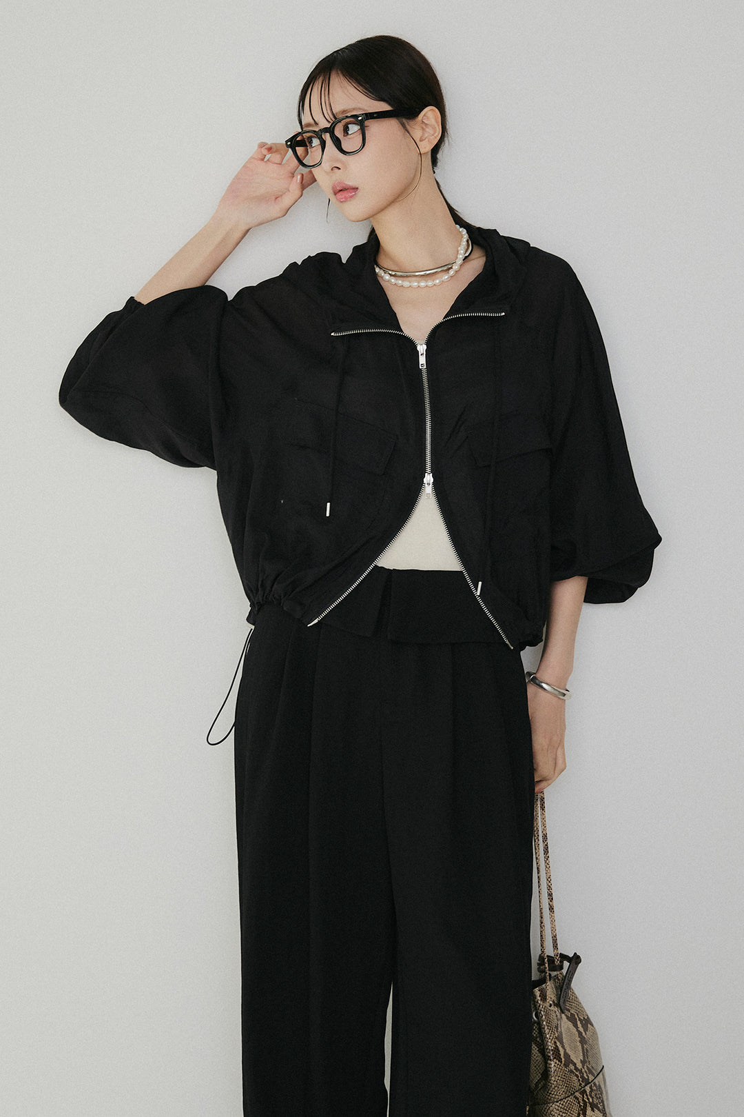 [SET]裾ドロストシアーWジップフーディーブルゾン+ウエスト折り返しワイドパンツ(2set)