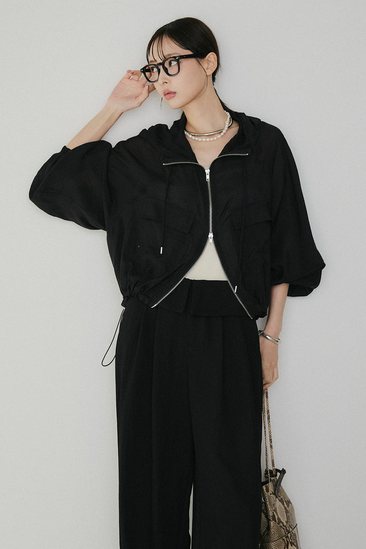 [SET]裾ドロストシアーWジップフーディーブルゾン+ウエスト折り返しワイドパンツ(2set)