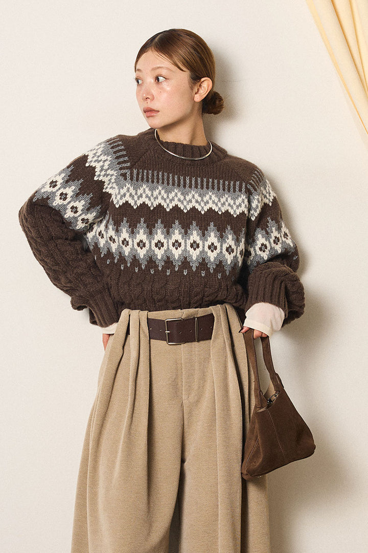 [SET]2WAY求心柄ジャガードショートカーディガン+2WAY袖コード刺繍クルーネックプルオーバー(2set)