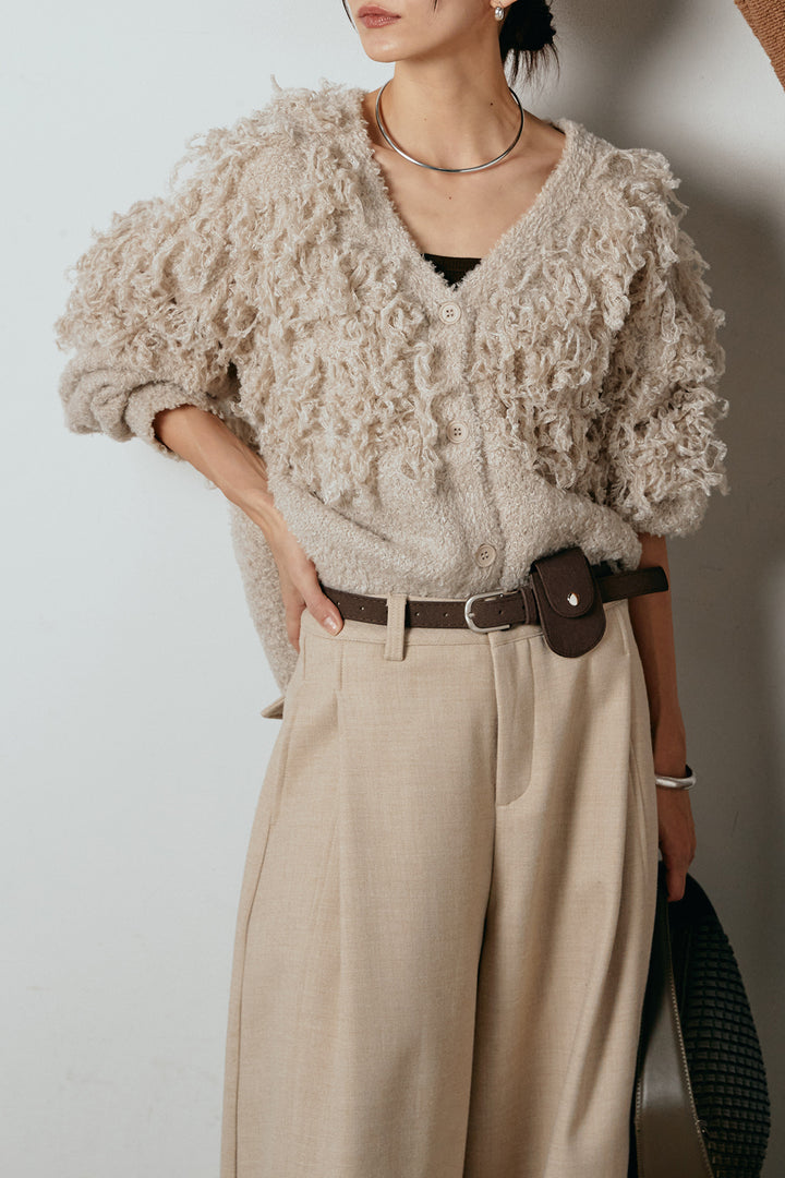 [SET]ループ編みVネックニットカーディガン+ポーチベルト付きカーブパンツ(2set)