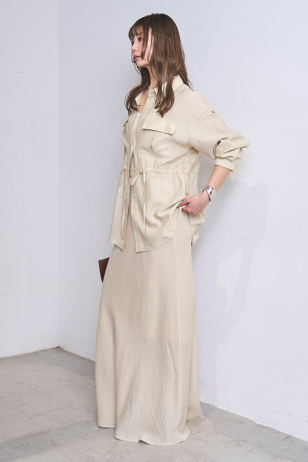 [SET]リネンブレンドシアーサファリシャツ+リネンブレンドロングナロースカート(2set)