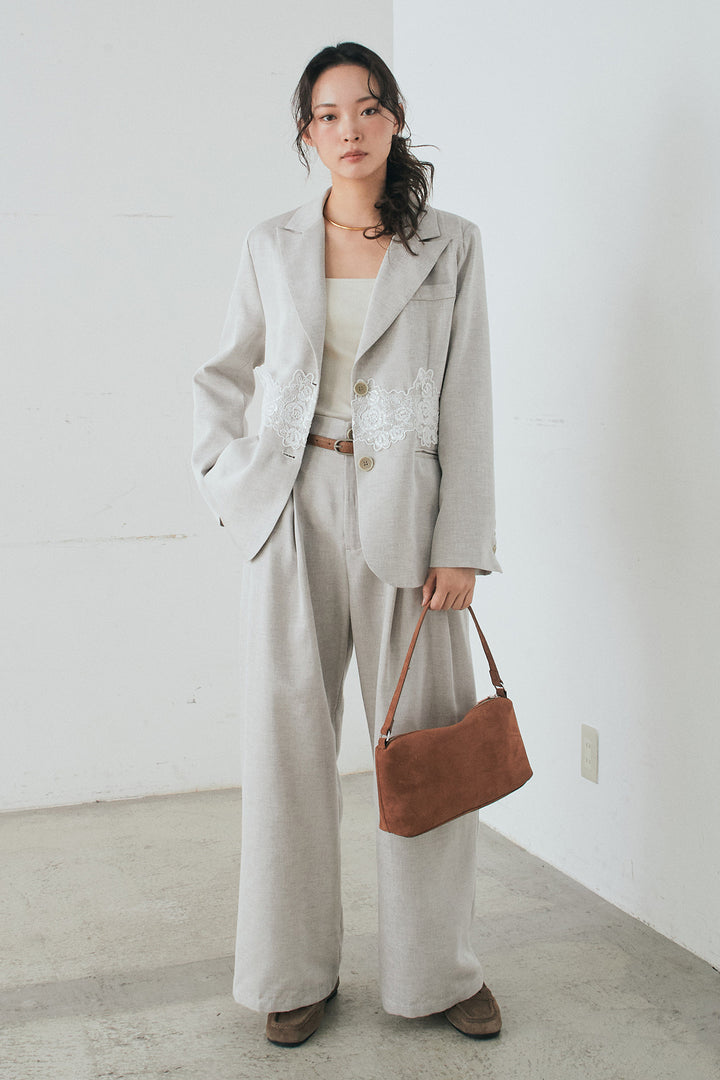 [SET]リネンタッチレースデザインジャケット+リネンタッチ細ベルト付きワイドパンツ(2set)
