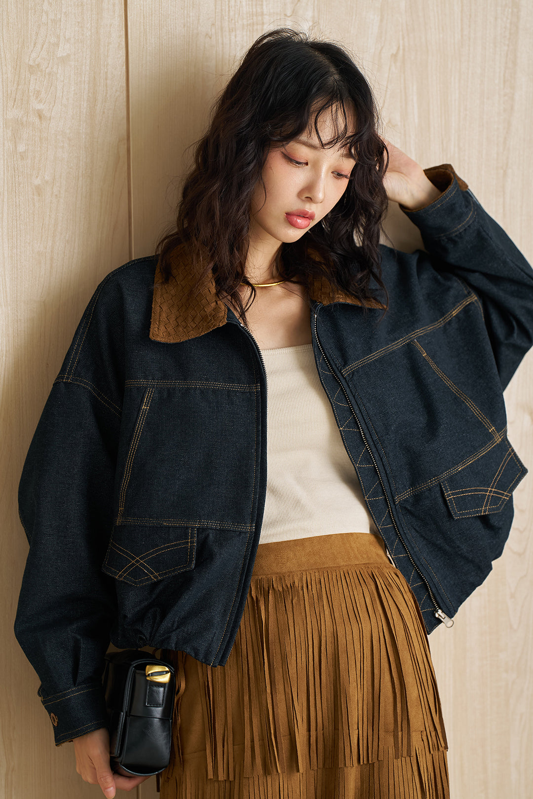 配色ステッチデニムバルーンブルゾン